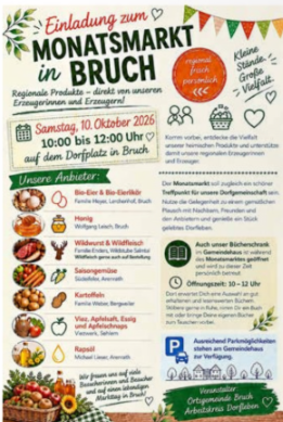 Einladungsplakat zum Monatsmarkt in Bruch. Es zeigt regionale Produkte, Anbieter und die Veranstaltungshinweise für den 10. Oktober 2026.