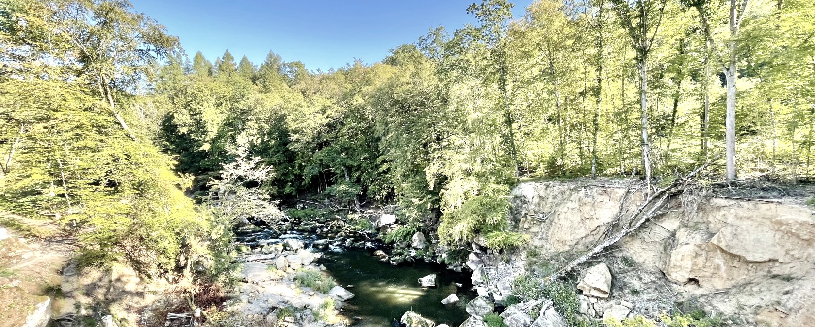 Vue sur les rapides de la Prüm depuis le pont suspendu, © Naturpark Südeifel, Ansgar Dondelinger