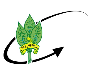 Le logo de l'association Eifel montre des feuilles vertes et une flèche qui symbolise le mouvement. Il représente la nature et les activités de randonnée.