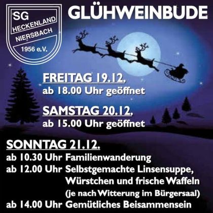 An advertisement for a mulled wine booth with opening hours and events. A family hike as well as food and cozy gatherings are offered.