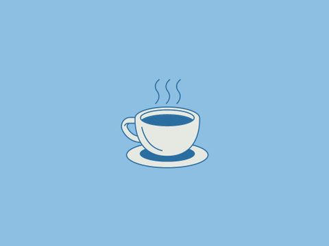 A stylized cup of coffee on a saucer. The background is in a gentle shade of blue.