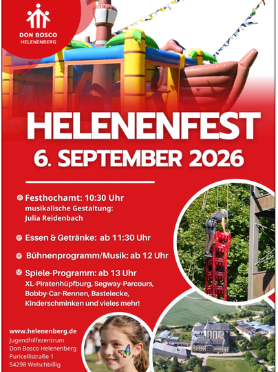 Ein buntes Festplakat für das Helene Fest am 6. September 2026. Es zeigt verschiedene Aktivitäten wie ein Riesenrutschen und Spiele für Kinder.