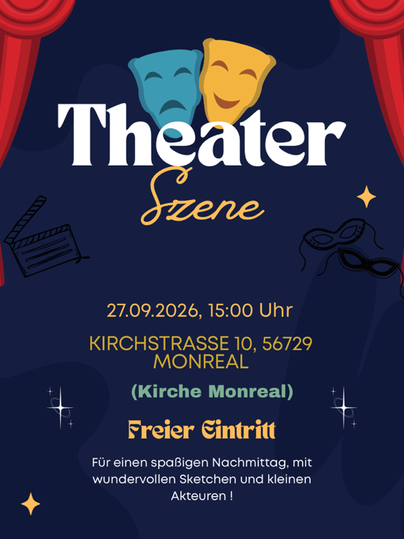 Een poster voor een theater voorstelling met de titel "Theater Scene". Het toont de datum, de tijd, de plaats en een opmerking over de vrije toegang.