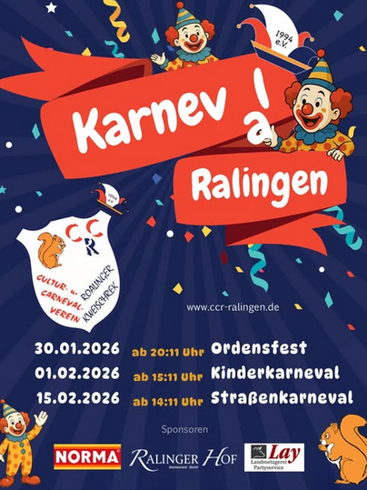Ein bunter Karnevalswettbewerb in Ralinge mit fröhlichen Clowns und festlichen Farben. Die Veranstaltung findet an mehreren Tagen statt, beginnend am 30. Januar 2026.