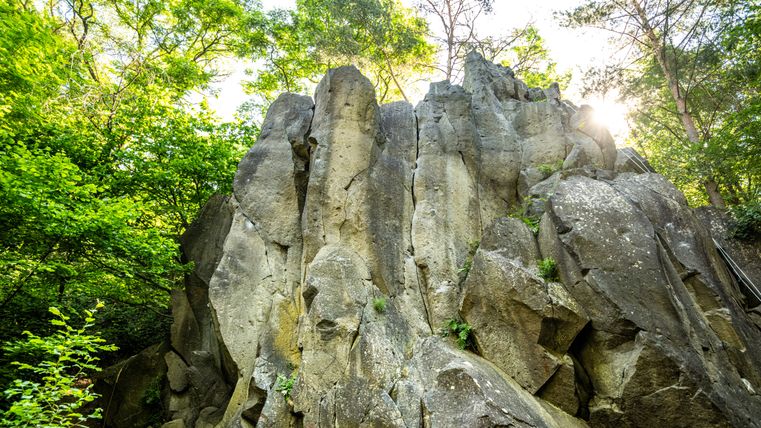 Große Felsformation im Wald mit Sonnenlicht im Hintergrund.