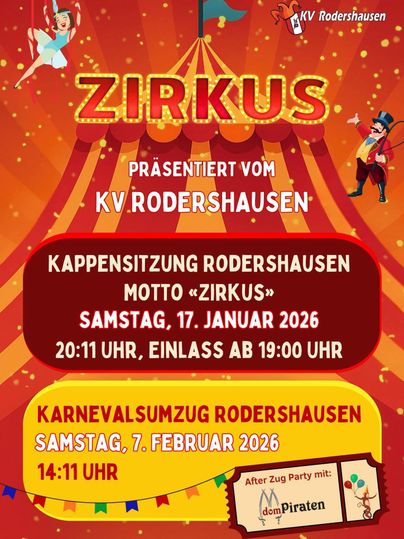 Ein Plakat für die Rodershausener Wasserwelt mit Informationen zu Veranstaltungen. Es zeigt Termine für die Kappensitzung und den Karnevalsumzug im Jahr 2025.