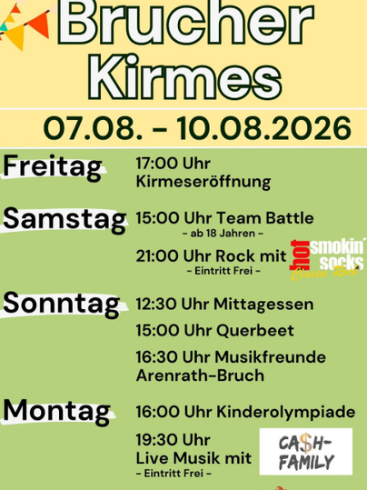 Ein Werbeplakat für die Brucher Kirmes, die vom 08. bis 11. August 2025 stattfindet. Es zeigt die Veranstaltungen und Zeiten für jeden Tag, einschließlich der Eröffnung und verschiedener Aktivitäten.