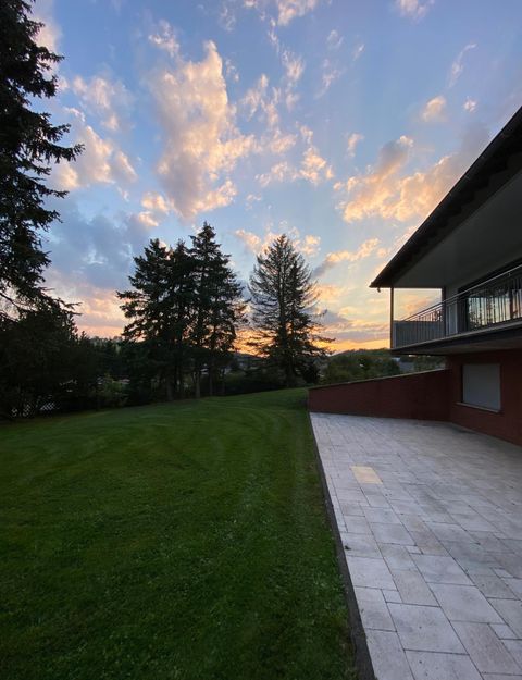 Un paysage calme avec une pelouse bien entretenue et des arbres en arrière-plan. Le ciel est teinté de couleurs douces au coucher du soleil.