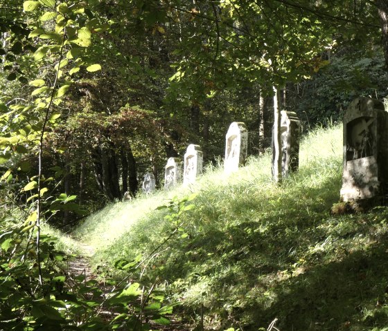 Ein schattiger Waldweg mit steinernen Kreuzwegstationen, die den Hang hinaufführen. Sonnenlicht fällt durch die Bäume auf das Gras., © TI Bitburger Land