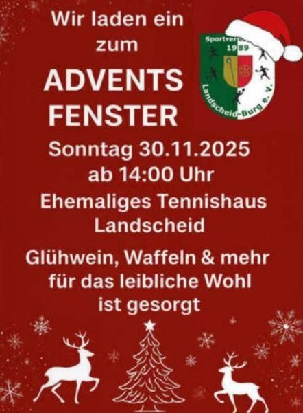 Ein Einladung zu einem Adventsfenster am 30. November 2025. Es werden Glühwein, Waffeln und weitere Leckereien angeboten.