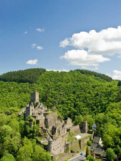 Luftaufnahme der Niederburg Manderscheid umgeben von grünen Wäldern unter blauem Himmel mit weißen Wolken.
