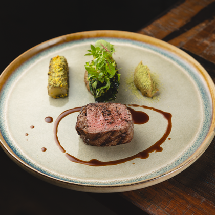 An artistic dish on a plate that shows a piece of meat with a dark sauce. There are vegetables and fresh herbs accompanying it.
