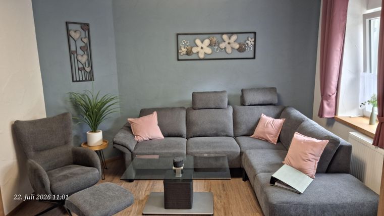 A modern living room with a comfy gray couch and a coffee table. There are decorative elements such as cushions and plants, as well as a window with daylight.