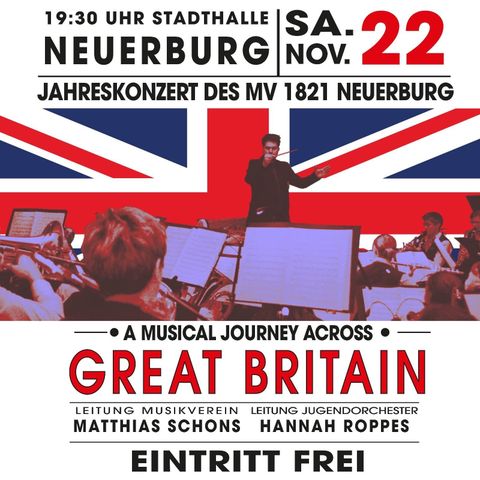 Ein Plakat für das Jahreskonzert des Musikvereins Neuerauburg, das am 23. November 2024 in der Stadthalle stattfindet. Der Titel des Konzerts lautet „Auf hoher See“ und der Eintritt ist frei.