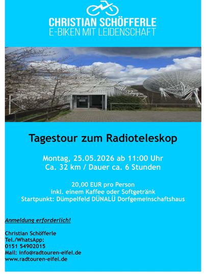 A flyer for an e-bike tour to the radio telescope. The tour takes place on May 25, 2026 and includes coffee or soft drinks.