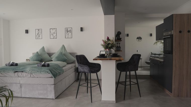 Een moderne kamer met een comfortabel bed en stijlvolle meubels. De keuken is open en licht, uitgerust met elegant servies en planten.