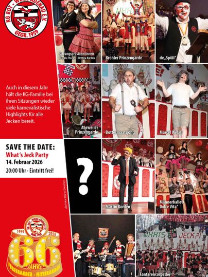 A festive carnival meeting poster featuring happy people in costumes. It announces an event called "What's Jeck Party" for February 14, 2026.