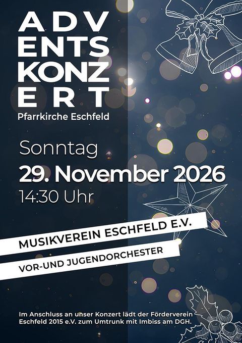 A poster for an Advent concert in the parish church of Eschfeld on December 1, 2024, at 3:00 PM. The Eschfeld Music Association e.V. and other groups will participate.