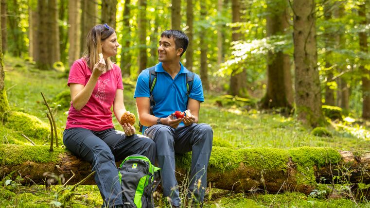 Two people sit on a moss-covered tree trunk in the forest and eat.