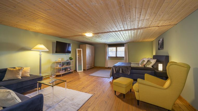 Een gezellige woonkamer met houten plafonds en warm licht. De meubels zijn modern en uitnodigend, ideaal om te ontspannen.