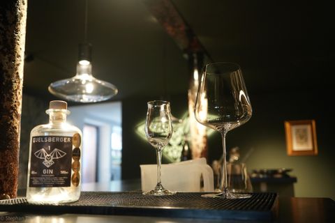 Ein stilvoller Barbereich mit einer Flasche Gin und zwei Gläsern. Die beleuchtete Umgebung schafft eine gemütliche Atmosphäre.