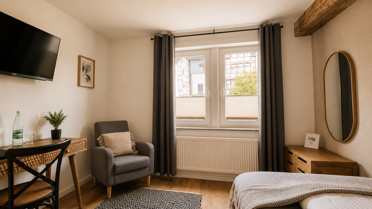 Een moderne kamer met een gezellige zithoek en een groot raam. De inrichting is eenvoudig en uitnodigend, met een televisie en een kleine tafel.