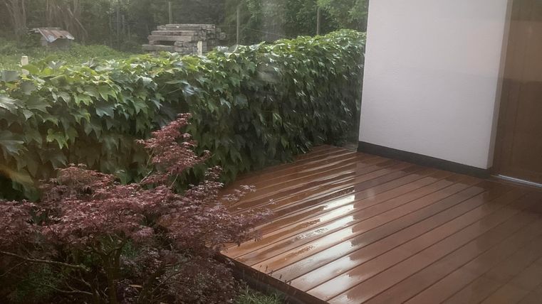 Ein gepflegter Garten mit einer Holzterrasse und grünen Pflanzen. Im Hintergrund sind Sträucher und Bäume zu sehen.