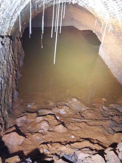 A dark, underground cave with rocky walls and stagnant water. Stalactite-like formations hang from the ceiling.