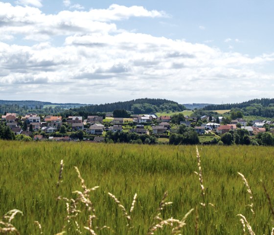 Dorf Neidenbach inmitten grüner Felder und Wälder unter einem bewölkten Himmel., © TI Bitburger Land - Monika Mayer