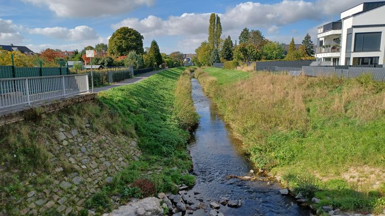 A narrow section of the River Swist flows through a green landscape with houses and a sidewalk beside it, under a blue sky with clouds.