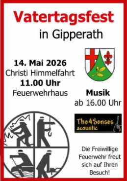 Ein Plakat für das Vatertagsfest in Gipperath am 29. Mai 2025. Es zeigt Informationen zur Veranstaltung im Feuerwehrhaus, einschließlich Musik und Uhrzeiten.