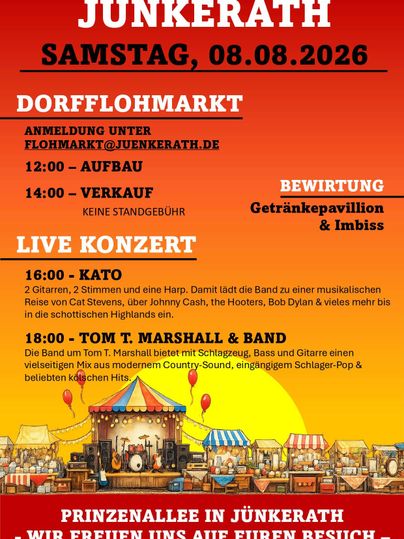 Ein Plakat für den Dorfflohmarkt in Jünkerath am 08.08.2026. Es enthält Informationen über Aufbau, Verkauf und ein Live-Konzert mit verschiedenen Bands.