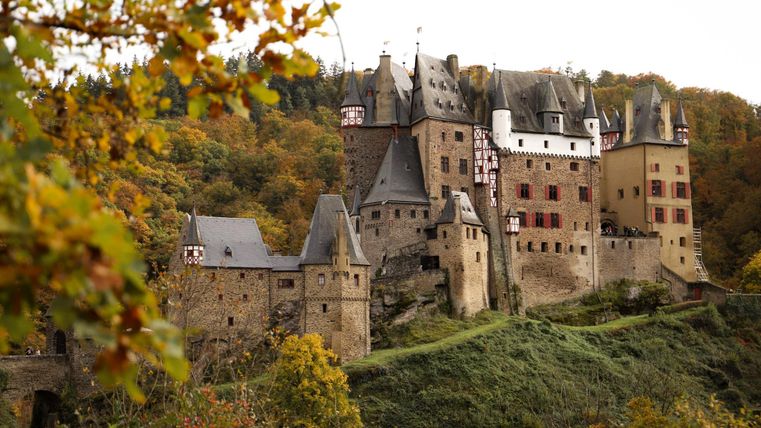 Un château impressionnant sur une colline, entouré de feuillage automnal coloré. Les bâtiments historiques et les tours offrent une belle vue dans la nature.