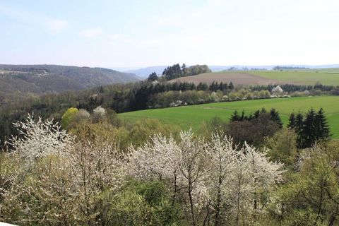 Un magnifique paysage avec des arbres en fleurs et des champs verts. À l'arrière-plan, on peut voir des collines douces et des forêts.
