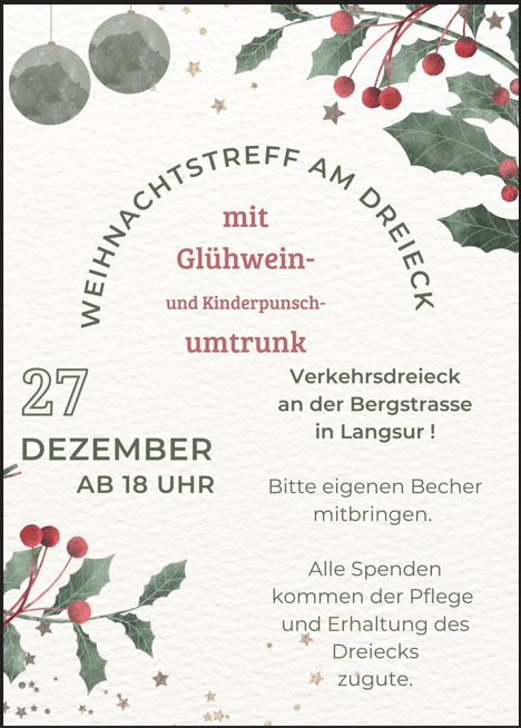 Kerstevenement op 27 december met glühwein en kinderpunch. Breng alstublieft uw eigen beker mee.