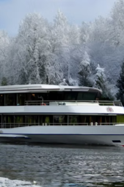 Ein modernes Schiff fährt durch ein verschneites Gewässer. Im Hintergrund sind schneebedeckte Bäume zu sehen.