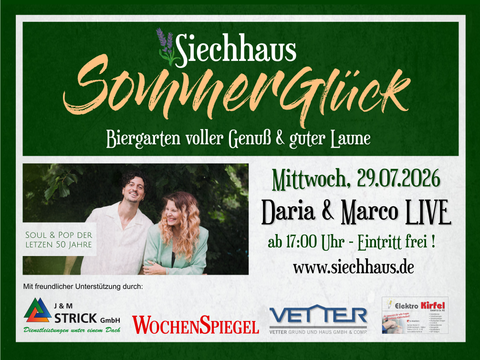 A poster for a summer event in the beer garden titled "SummerHappiness". Daria and Marco will perform live on July 29, 2026, entry is free.