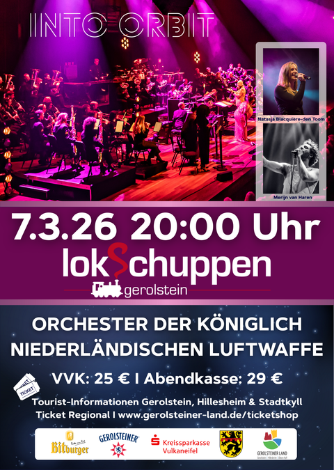 A poster for a concert by the Royal Netherlands Air Force Orchestra. The event takes place on March 7, 2026, in Gerolstein.
