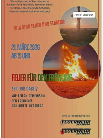 An invitation to a spring fire of the Liersberg fire brigade on March 21, 2026. The poster features a fire and highlights the celebrations.