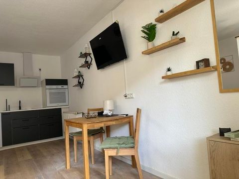 Ein modernes Zimmer mit einer kleinen Kücheneinheit und einem Esstisch. An der Wand sind Regale mit Pflanzen und ein Fernseher angebracht.