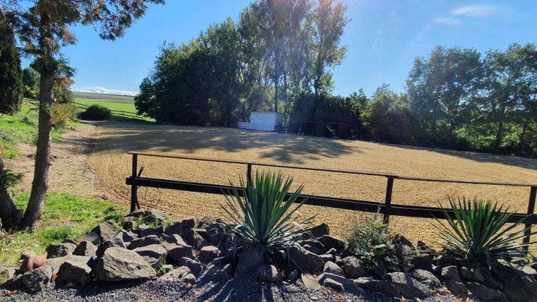 Un champ ouvert avec quelques arbres en arrière-plan. Au premier plan, on peut voir des pots de fleurs et des pierres.