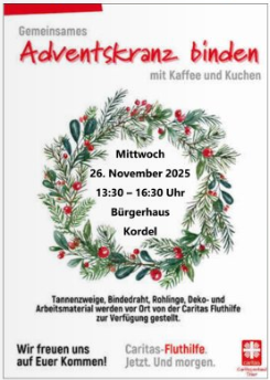 Een flyer voor een evenement om samen een Adventskrans te binden. Het evenement vindt plaats op woensdag 26 november 2025 in het Bürgerhaus Kordel en biedt koffie en gebak aan.