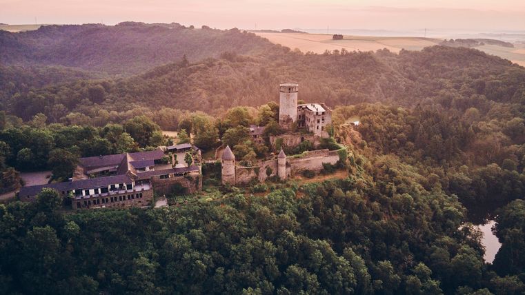 Burg Pyrmont im goldenen Licht eines Sonnenaufgangs, umgeben von dicht bewaldeten Hügeln. Der runde Bergfried ragt über die Anlage, während der Himmel in warmen Rosa- und Orangetönen leuchtet.