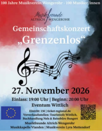Une affiche pour un concert commun intitulé "Sans frontières". Le concert aura lieu le 27 novembre 2026 à l'Eventum de Wittlich.