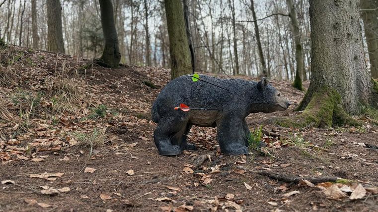 Eine Bärenstatue steht im Wald auf dem Boden. Der Hintergrund zeigt Bäume und trockenes Laub.