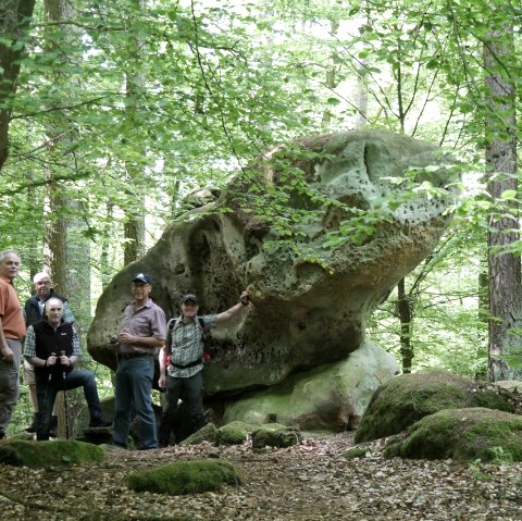 Groupe de randonneurs à "l'autel des sacrifices, © Felsenland Südeifel Tourismus GmbH, Elke Wagner