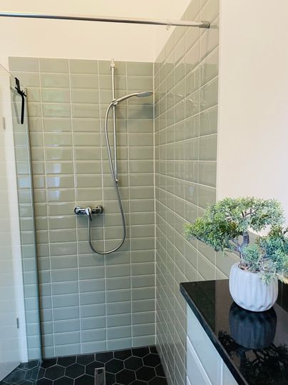 Une douche moderne avec des carreaux gris et une paroi en verre. Sur l'étagère se trouve une petite plante dans un pot blanc.