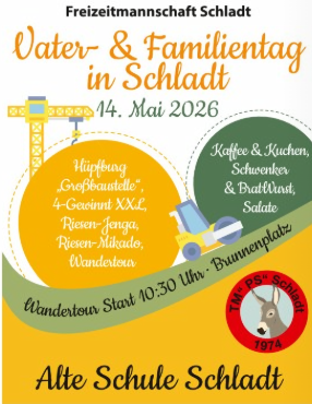 A poster for Father's Day and Family Day in Schladt on May 14, 2026. It features activities like bounce house, coffee and cake, as well as hikes.