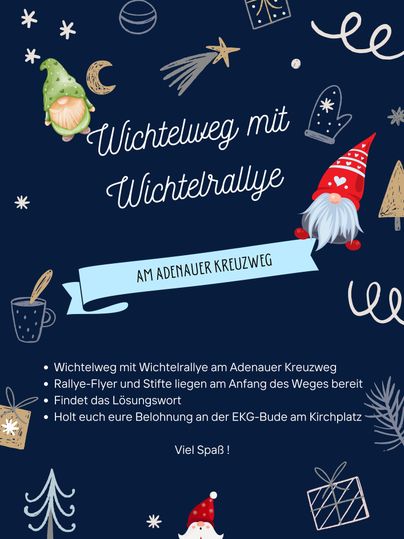 Ein einladendes Plakat für eine Wichtelrallye am Adenauer Kreuzweg. Es zeigt bunte Weihnachtsmotive und lädt zur Teilnahme ein.