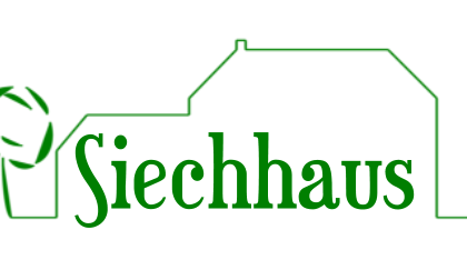 Een eenvoudig logo met het woord "Siechhaus" in groene letters. Het toont een gestileerde weergave van een huis en een persoon.